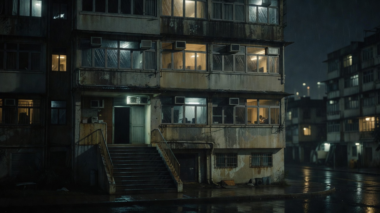 夜晚沿海城市旧居民楼外景，楼道几扇窗户透出灯光，楼下放着一把收起的伞