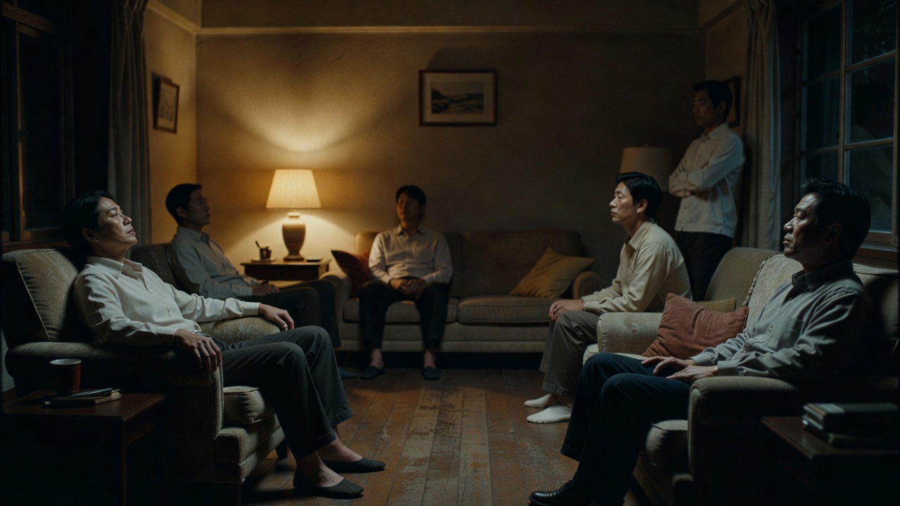亚洲成年人电影剧照：昏暗灯光下，几位成年人在客厅沉默对坐，气氛疏离。