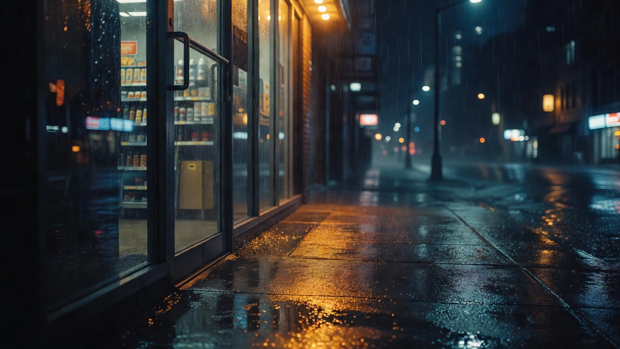 雨夜街边的便利店玻璃门，室内暖光透出，路面反光，无人正脸